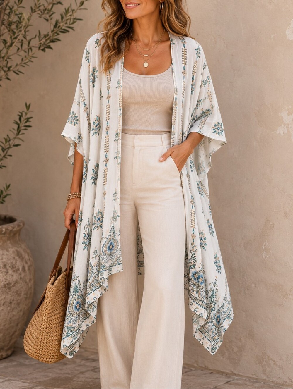 Women's Floral Kimono Maxi Duster Small Cream Green Boho Rayon Open Front Chic